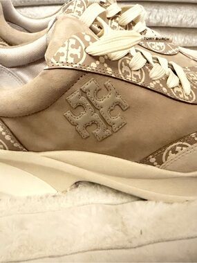 Tory Burch Taupe Suede Logo Panel Sneakers